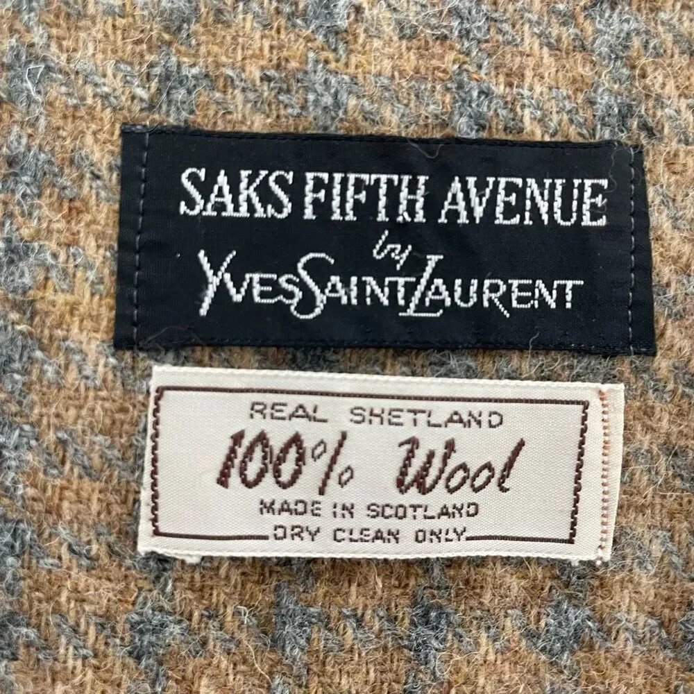 Yves Saint Laurent Saks Fifth Avenue Camel Tan Grey Neutral Plaid Scarf Shetland